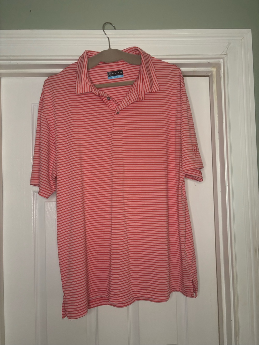 PGA Tour Men’s Coral and White Striped Polo